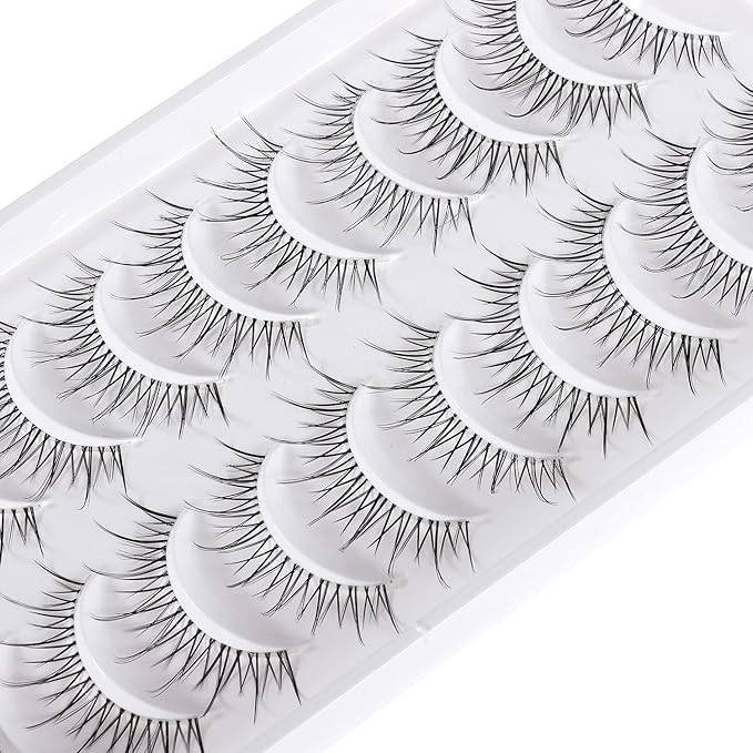 Manga Lashes Natural Look Japanese Anime Lashes Korean Asian Wispy Spiky Lashes with Clear Band Short Fake Eyelash 10 Pairs Pack by outopen
