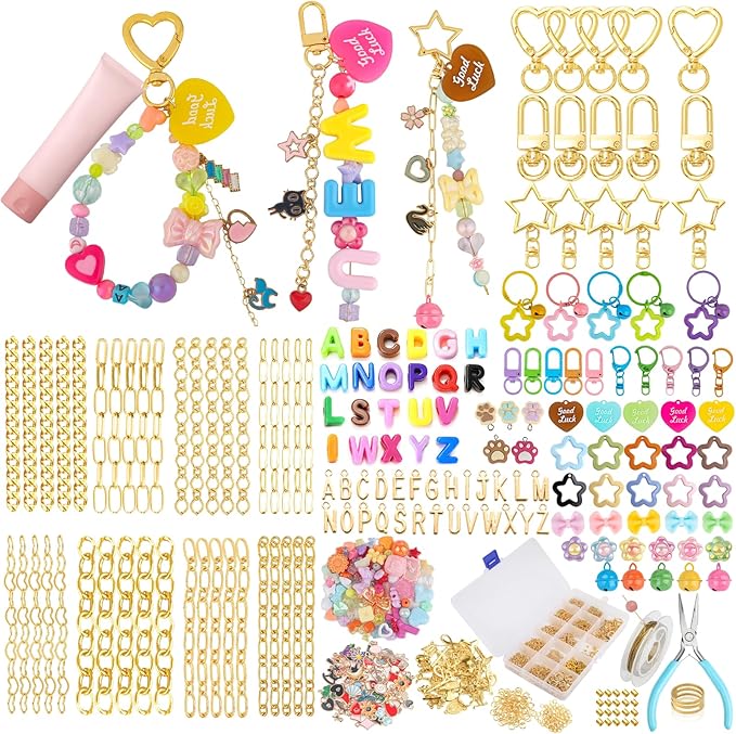 Ecoofor 501 Pcs Keychain Making Kit — Includes 30 Keychain Clips, 40 Extender Chains, 178 Charms, Beading Accessories, Jewelry Pliers — DIY Bag Charms & Jewelry Craft Kit Supplies