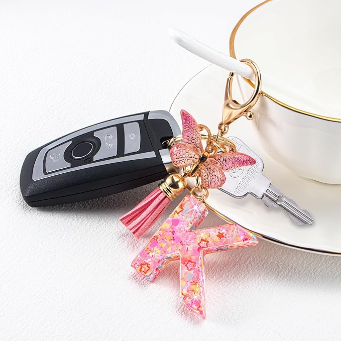 Initial letter Keychains for Women Girls Tassel Butterfly Cute Keychain for Wallet Backpack charm