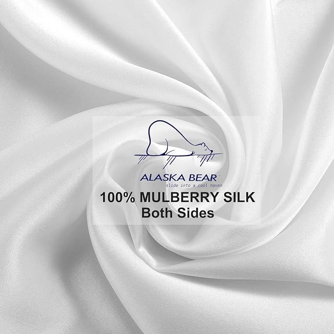 ALASKA BEAR Silk Pillowcase for Hair and Skin, 100% Mulberry Silk Pillow Cases Standard Size for Bliss Sleep with Random Color Scrunchy Gift Set Better Than Poly Satin, Zipper Closure, 1pc, Cool White