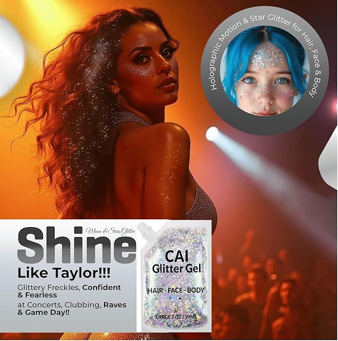 Face, Body & Hair Glitter Gel – Halloween Glitter for Kids and Women – 3 Oz Cosmetic-Grade Gel w/Moon & Stars for Festivals & Halloween Party, Easy Apply & Wash Off - Pink 1Pack