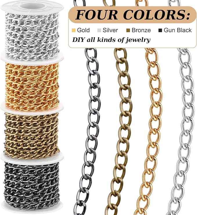 Jadive 4 Rolls 39.4 Feet Aluminium Necklace Chains 6.5 mm Twisted Links Spool Chain Jewelry Making Chains for Bracelet Necklace Jewelry Making(Black, Silver)