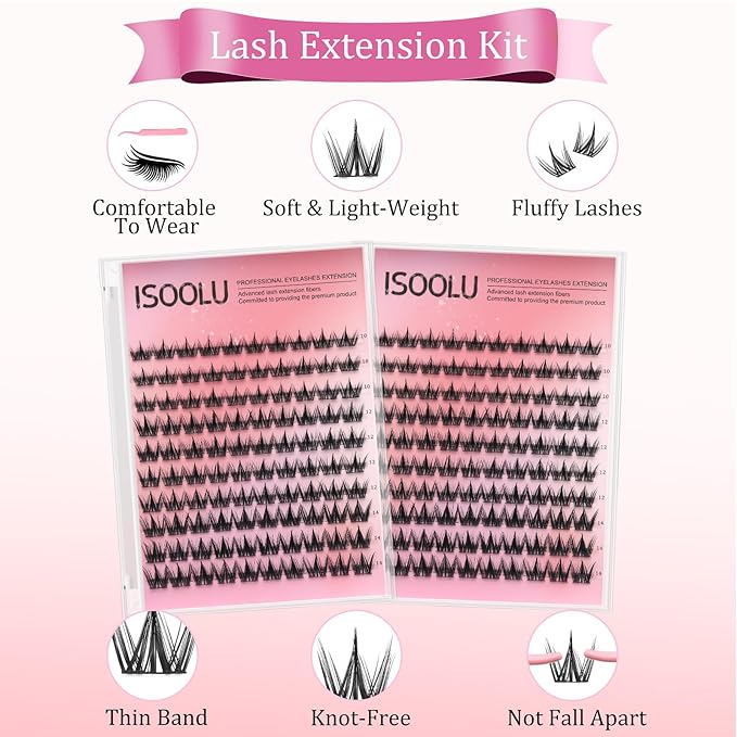 ISOOLU Fairy Lash Clusters Manga Individual Lashes C Curl Wispy Eyelash Clusters WideSpan Eyelash Extension Kit with Lash Bond and Seal Wet-Look Spiky Cluster Lashes (Cutey 240PCS)