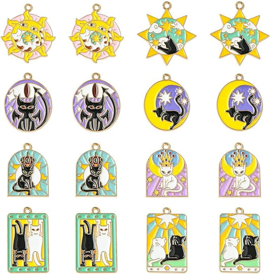 Stiesy 40 Pcs 8 Styles Alloy Enamel Black White Cat Tarot Card Charm Pendant Sun Shape Divination Amulet Metal Charms Pendants Bulk for Bracelet Jewelry Making Crafting DIY Decor