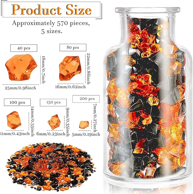 Syhood 570 Pcs 5 Sizes Orange and Black Fake Crushed Ice Rocks Acrylic Crystal Gems Plastic Diamonds Marble for Vase Fillers Decoration Wedding Table Scattering Room Halloween Decor