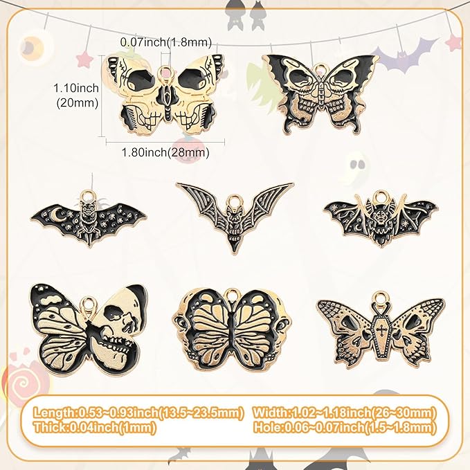 Stiesy 40 Pcs 8 Styles Gothic Style Black Enamel Butterfly Charms Animal Bat with Skull Pendant Metal Charm for Jewelry Making Crafts DIY Bracelets Necklace Earring