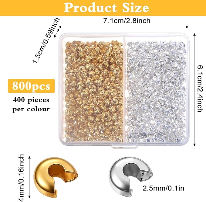 Ouligay 800PCS Crimp Beads for Jewelry Making 4mm Crimp Bead Covers Half Round Open Crimping Bead Knot Covers for DIY Jewelry Craft Making Jump Rings with Transparent Box Gold and Sliver