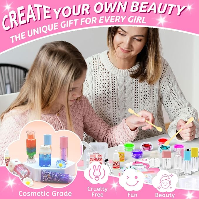 WhizToys 74PCS DIY Lip Gloss Making Kit，Make Your Own Lip Glosses Set Moisturizing Lip Glaze Handmade Glittery Set for Makeup Lover Beginner Teen Girl Gifts，200ml Lipgloss Base