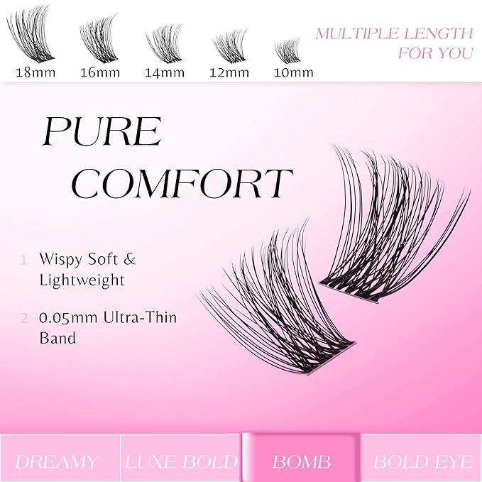 VEYESBEAUTY Lash Clusters Individual Eyelash Extensions Thin & Invisible Band DIY False Eyelashes for Self-application Newbie's Five-Second Series Wispy Lash Tray, Bomb 14mm Single Length