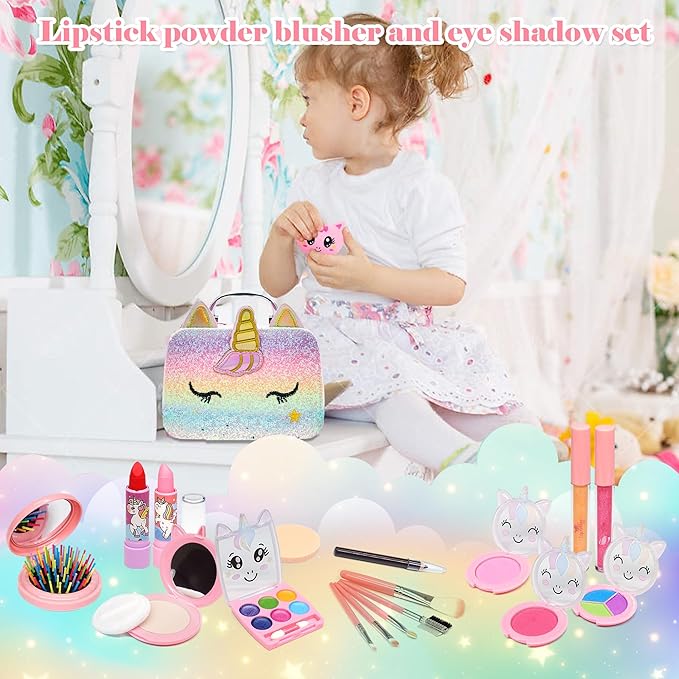 Kids Real Makeup Kit for Girls - 63Pcs Non-Toxic Washable Little Girls Make Up Toys, Princess Cosmetics Set for Toddlers to Tweens