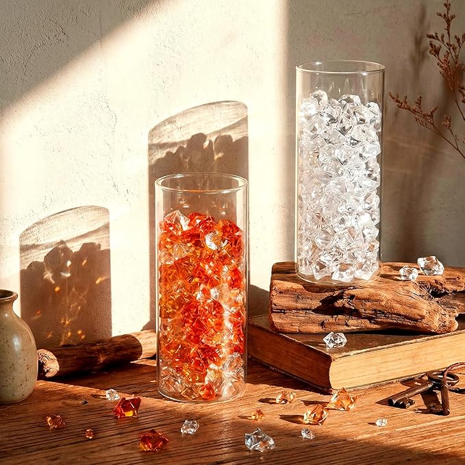 Syhood 570 Pcs 5 Sizes Orange Clear and Amber Fake Crushed Ice Rocks Acrylic Crystal Gems Plastic Diamonds Marble for Christmas Vase Fillers Decoration Wedding Holiday Table Scattering Room Decor