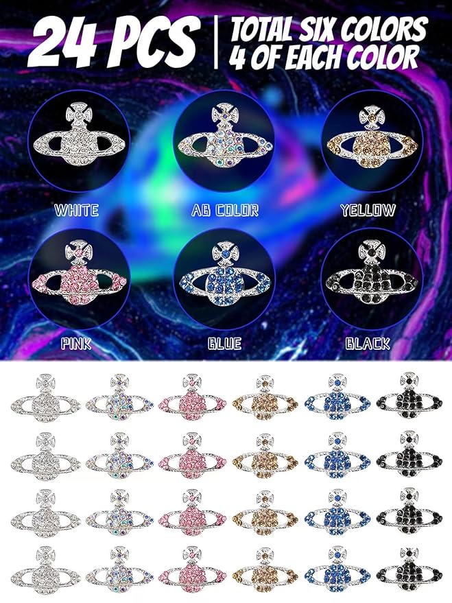 24Pcs Planet Nail Charms, CYHYII 3D Y2K Saturn Nail Art Charms Exquisite Rhinestones Gems Diamond Nail Accessories for Women Girls Nail Art Design DIY Craft Crystals Jewelry(6 Colors)
