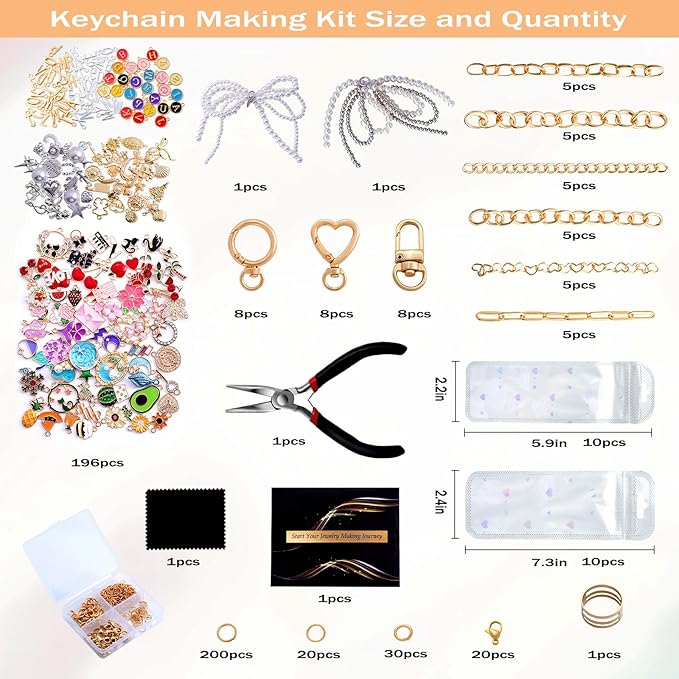 Wurosi 544Pcs Lip Gloss Keychain Making Kit with Charms, Including 24 Keychains Clips 30 Extender Chain 198 Charm Jewelry Plier, DIY Keychains Kit, for Keychain Making Supplies, Christmas Gifts