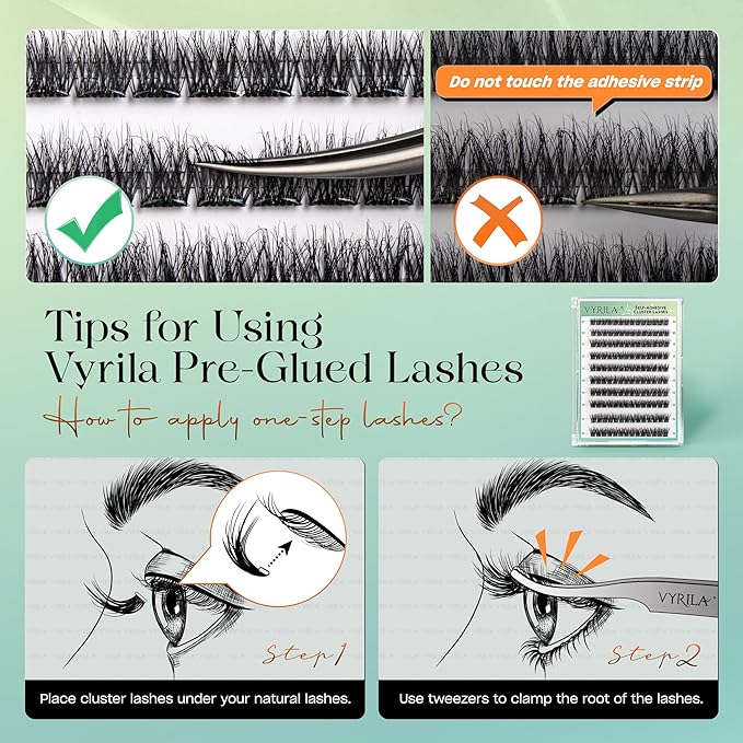 VYRILA Self-Adhesive Lash Cluster, 140pcs Pre-Glued Clusters, Pop-On Faux Eyelashes, 3D Band D Curl Natural Look Lahses, Easy to Apply, Reusable 0.05mm Eyelash Extensions (Green Muse-D-0.05-10-16mix)