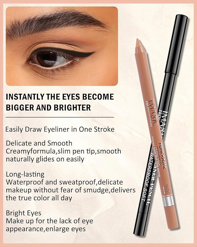 Nude Beige & Black Water Line Gel Eyeliner Pencil-3Pcs Longlasting Waterproof Smudge-Proof Cream Eye Liner Waterline Pen,Smooth Easy-to-Sharpen Pencil,Thanksgiving Eye Makeup Gift Set for Girl