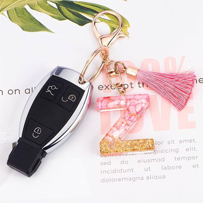 Suweibuke Cute Pink Key Chains for Women Girls, Initial Letter Keychains with Tassel, Charms for Key Purse Handbags Backpacks