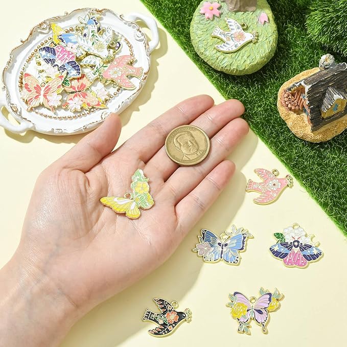 Stiesy 18 Pcs 9 Styles Alloy Enamel Animal Charms Pendants Swallow & Butterfly Jewelry Charm Bulk for Bracelets Necklace Earring Jewelry Making Craft