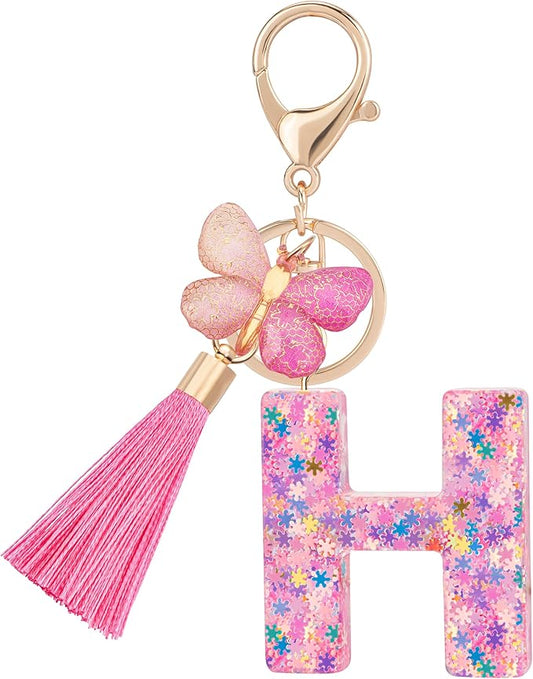 Suweibuke Cute Pink Key Chains for Women Girls, Initial Letter Keychains with Tassel, Charms for Key Purse Handbags Backpacks