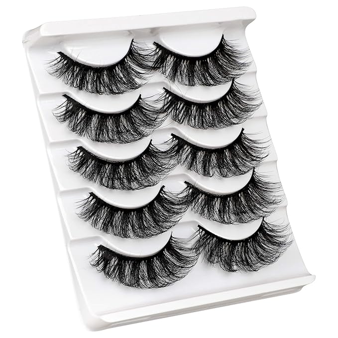 ALICROWN Mink Lashes Faux Wispy Natural Volume Lashes Pack 5D Thick Volume Crossed False Eyelashes Full Handmade 5 Pairs Lashes