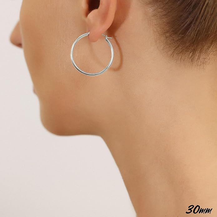 Classic 10K White Gold Hoop Earrings - Shiny Polished Plain Round Gold Hoops for Women and Men