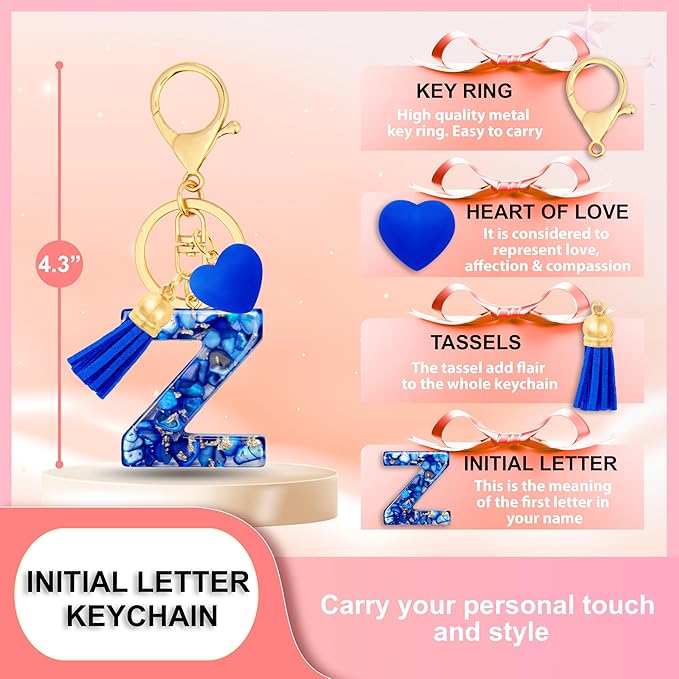 Initial Keychains for Women with Cute Heart Resin - Alphabet Letter Keychain for Bag, Backpacks, Purse or Car key