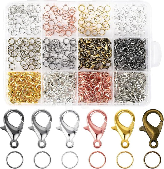 AUGSUN 6 Colors Lobster Claw Clasps and Open Jump Rings Set, 400PCS Lobster Claw Clasps with Open Jump Rings for Jewelry Making Accessories,12 mm X 7 mm