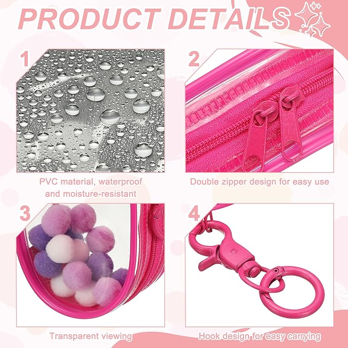 uxcell 4 Inch Clear Figure Display Bag, Mini Clear Pouch Waterproof Coin Pouch with Keychain and Pom Poms for Blind Box Doll Display (Round, Red)