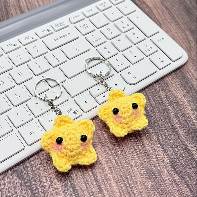 Crochet Star Keychain Handmade Kawaii Blush, Car Key Decor Purse Bag Charms, Pastel Gifts for Women