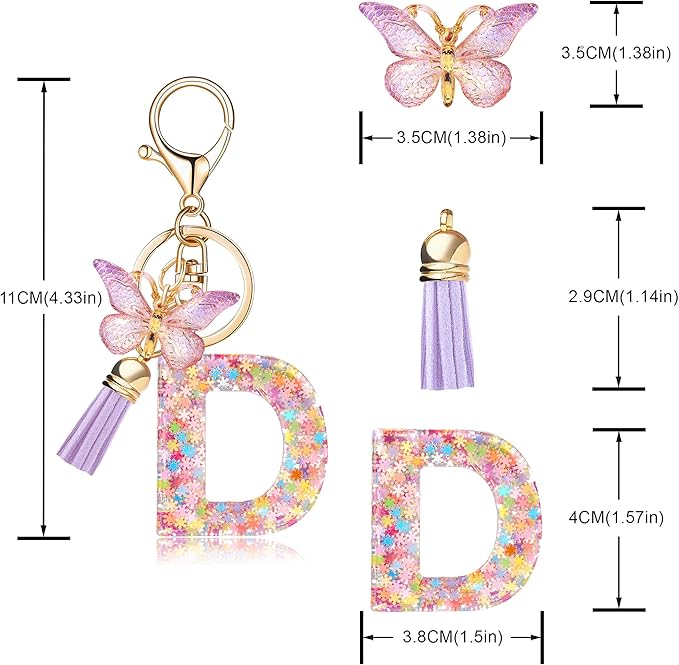 Fashion Alphabet Initial Letter Keychain Tassel Butterfly Pendant Key Ring for Purse Handbags Women Girl
