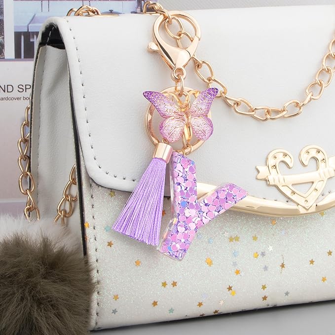 Initial letter Keychains for Women Girls Tassel Butterfly Cute Keychain for Wallet Backpack charm