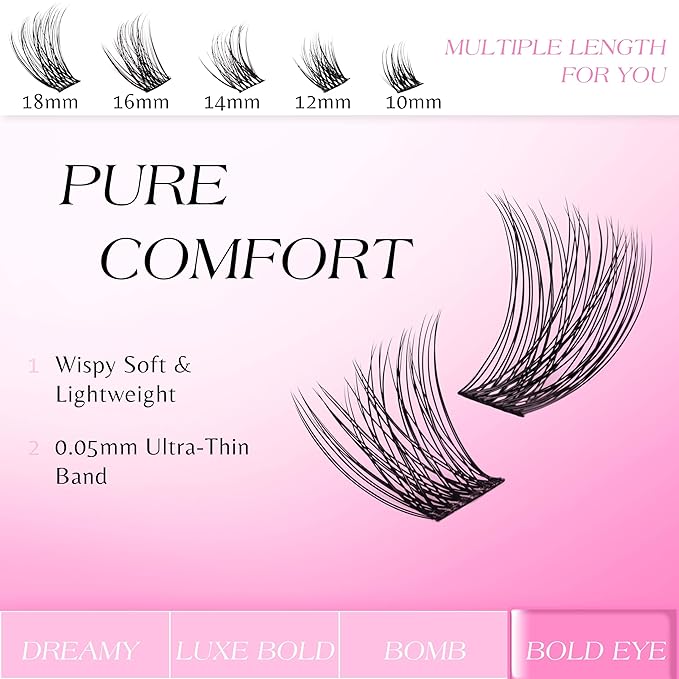 VEYESBEAUTY Lash Clusters Individual Eyelash Extensions Thin & Invisible Band DIY False Eyelashes for Self-application Newbie's Five-Second Series Wispy Lash Tray, Boldeye 10mm Single Length