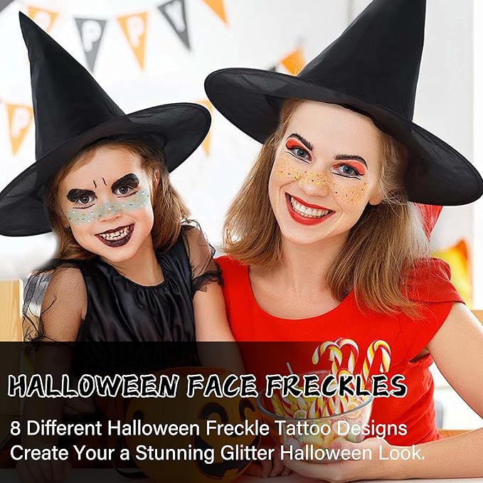 8 Pcs Halloween Glitter Tattoos, Halloween Glitter Freckles Face Tattoos Stickers, Waterproof halloween Rave Accessories Face Temporary Tattoos Makeup Kit for Women and Kids