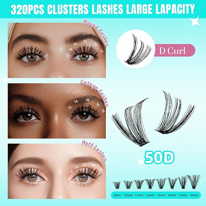 Lash Clusters Wispy 320PCS Eyelash Extension 50D Cluster Lashes Individual Lashes DIY Lash Extension Natural Look Cluster Eyelash Extensions Soft False Eyelashes at Home for Beginners(D-Mix9-16mm)