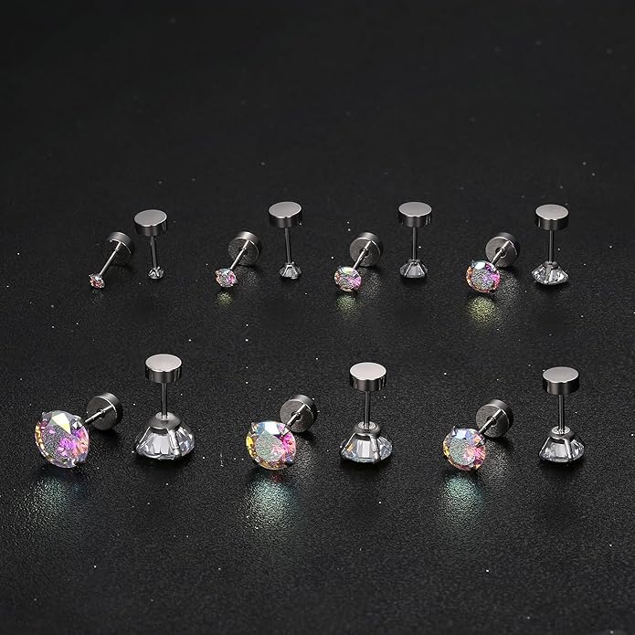 Fansilver 20G Hypoallergenic Flat Back Earrings for Women Men Silver 14K Gold Stainless Steel Stud Earrings Brithstone Cubic Zirconia Studs Surgical Steel Cartilage Earrings for Sensitive Ears