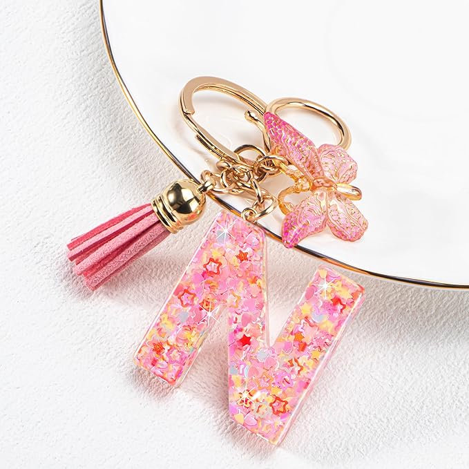 Initial letter Keychains for Women Girls Tassel Butterfly Cute Keychain for Wallet Backpack charm
