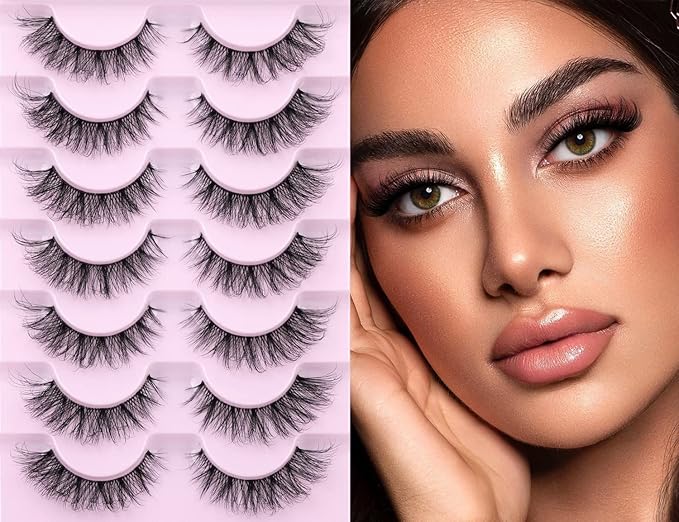 False Eyelashes Natural Wispy D Curl False lashes Clear Band zanlufly Russian Strip Lashes Fluffy Eyelashes 3D Effect Cat Eye False Eyelashes 7 Pairs Pack