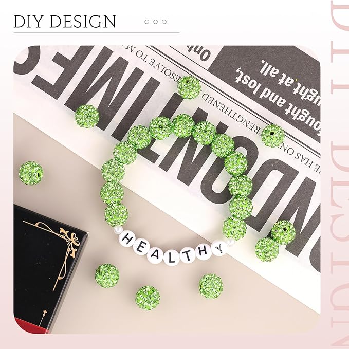 200 Pcs Light Green Rhinestone Beads for Jewelry Making, Sparkle Crystal Clay Christmas for Bracelet Baseball Necklace Earring Crafting and DIY, Shiny Round Shamballa Disco Ball Beads Bulk