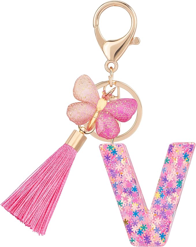 Suweibuke Cute Pink Key Chains for Women Girls, Initial Letter Keychains with Tassel, Charms for Key Purse Handbags Backpacks