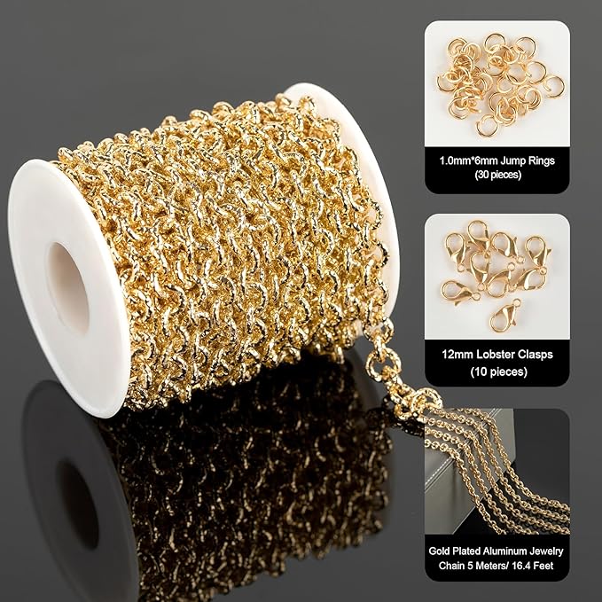 16.4 Feet Lightweight Gold Plated Chain Roll Delicate Embossed Rolo Chain Necklace DIY Jewelry Chains Bulk with Jump Rings and Lobster Clasps