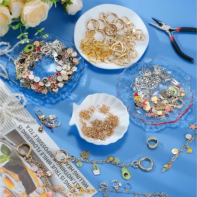 DRHWEFSQ 325Pcs Lipgloss Keychain Making Kit, DIY Jewelry Supplies with 118 Charms, 25 Extender Chains, 30 Clips, 150 Jump Rings & Plier for Custom Keychains, Bags, Handmade Gifts