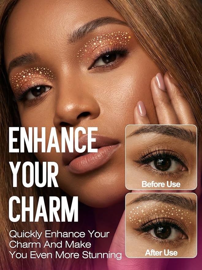Golden Eye Speckles & Glitter Freckles Makeup Patches, Temporary Eyeliner Stickers with Star Designs for Glow Up, Cute Cosmetic Face Glitter Accessories for Women(6 Pairs)