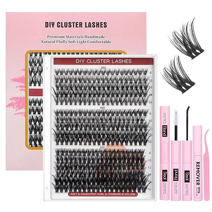 Feinner Lash Clusters Kit, Wispy Eyelash Clusters Lashes Natural DIY Lash Extension Kit, 8-16mm Cluster Eyelash Extensions Kit with Lash Bond and Eyelash Remover (30d+40d+50d)
