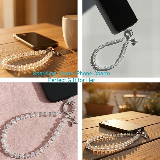 Crystal Phone Wrist Strap Phone Charm Chain Keychain Beaded Cellphone Lanyard with Tether Tab Hands-Free Wristlet Bracelet Wrist Grip Strap for Women, W-Crystal AB