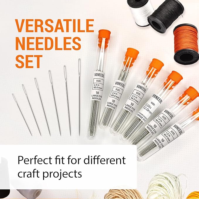 VONEEDL 60 PCS Large Eye Sharp Needles - Easy to Thread Big Eye Sewing Needles, Embroidery Needles (6 Sizes)