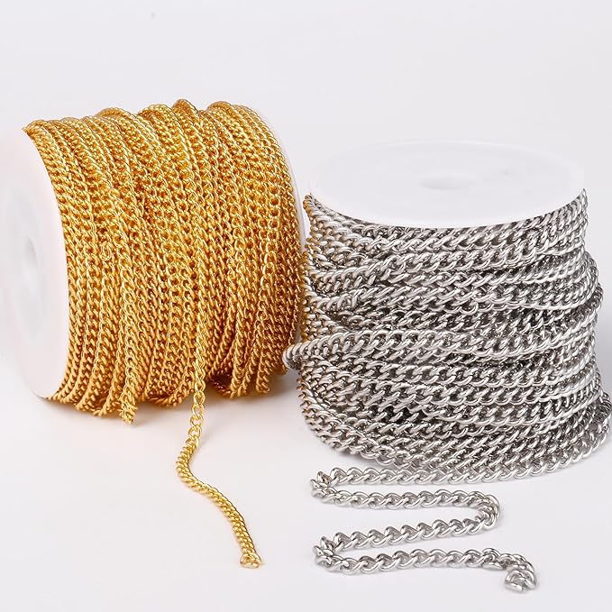 33FT Stainless Steel Curb Chain Roll, 5mm 304 Stainless Steel Flat Twisted Links Curb Chains Bulk Spool for Jewelry Making Necklace DIY Craft