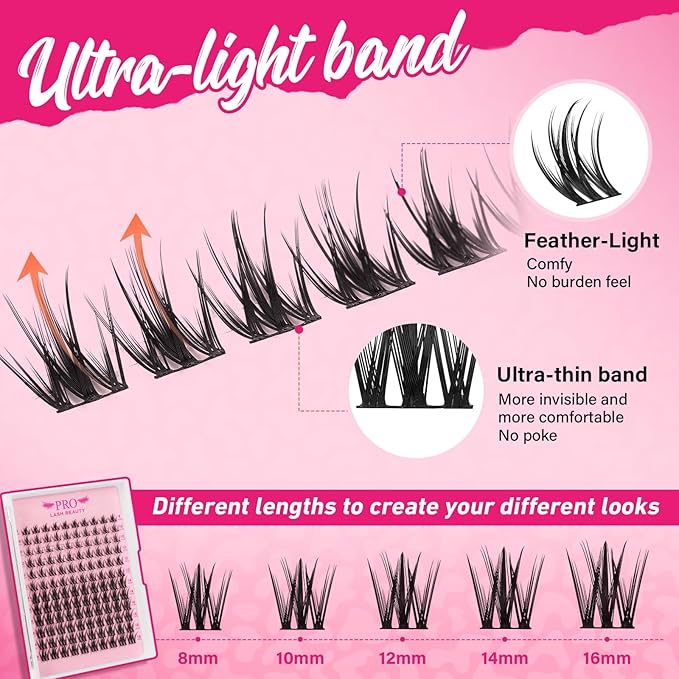 Lash Clusters Kit with Lash Bond and Seal Eyelash Applictor Lash Remover DIY Lash Extension Kit for Beginner Waterproof Resuable Eyelash Extensions at Home (Dewy,8-16mix)