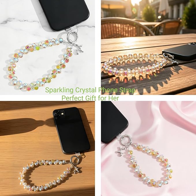Crystal Phone Wrist Strap Phone Charm Chain Keychain Beaded Cellphone Lanyard with Tether Tab Hands-Free Wristlet Bracelet Wrist Grip Strap for Women, D-Rainbow
