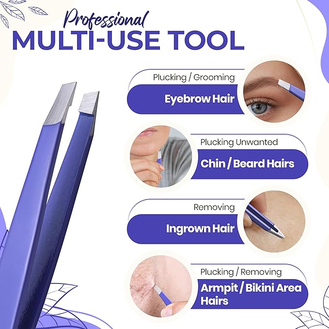 Professional Slant Tip Eyebrow Tweezers for Women & Men – Precision Hair Removal Tool – Stainless Steel Tweezers for Eyebrow Shaping, Facial Hair, Ingrown Hair & Splinter Removal (Luminous Lavender)