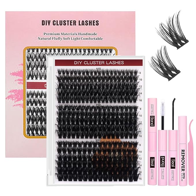Feinner Lash Clusters Kit, Wispy Eyelash Clusters Lashes Natural DIY Lash Extension Kit, 8-16mm Cluster Eyelash Extensions Kit with Lash Bond and Eyelash Remover (60d+80d+100d)