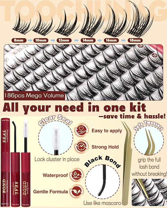 TOOCHUNAG Wispy Lash Clusters Kit 8-18mm DIY Lash Extension Kit Clear Band Eyelashes Clusters with Bottom Lashes Individual Manga Cluster Eyelash Extensions Kit with Lash Bond and Seal,Tweezers